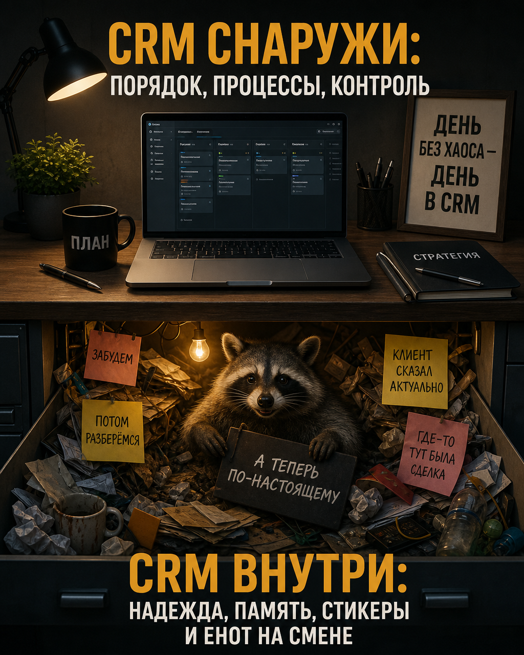 CRM СНАРУЖИ: ПОРЯДОК, ПРОЦЕССЫ, КОНТРОЛЬ CRM ВНУТРИ: НАДЕЖДА, ПАМЯТЬ, СТИКЕРЫ И ЕНОТ НА СМЕНЕ